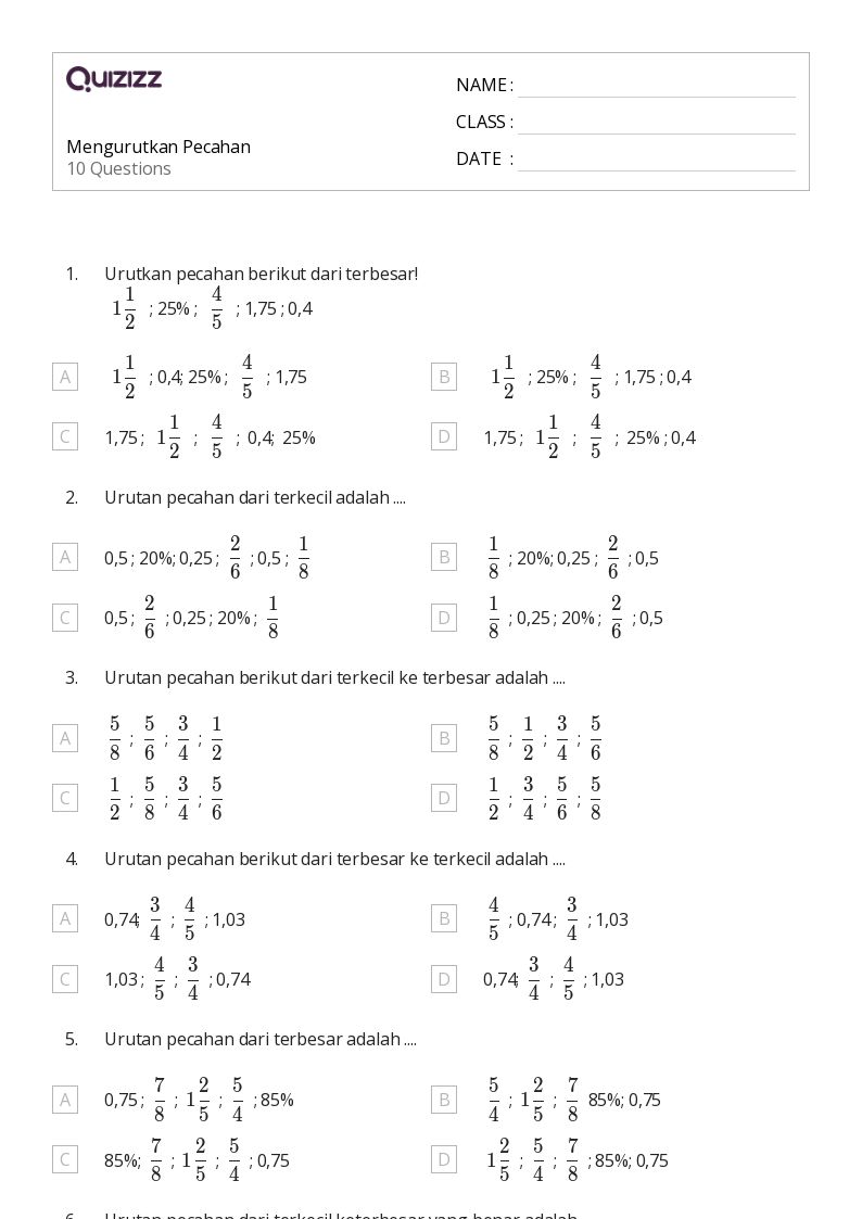Mais de 50 planilhas Mengurutkan Desimal no Quizizz Gratuito e imprimível