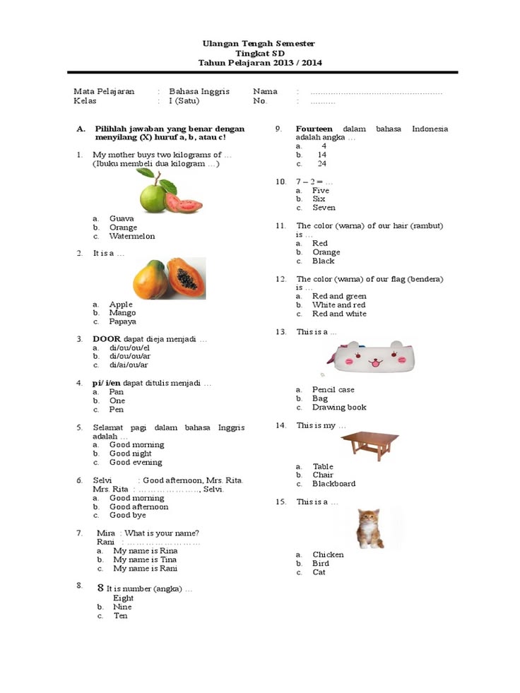 Soal Bahasa Inggris Kelas 1 SD Semester 1 Soal bahasa inggris kelas 2 Soal Bahasa Inggris Kelas 1 SD Semester 1 Soal bahasa inggris kelas 2