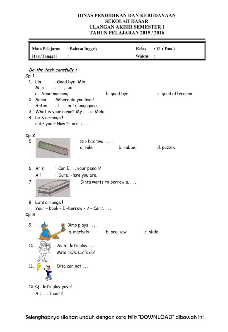 7 Contoh Soal Bahasa Inggris Kelas 1 SD Semester 2 UKK Siap Cetak yang Wajib Dikuasai Sebelum Ujian
