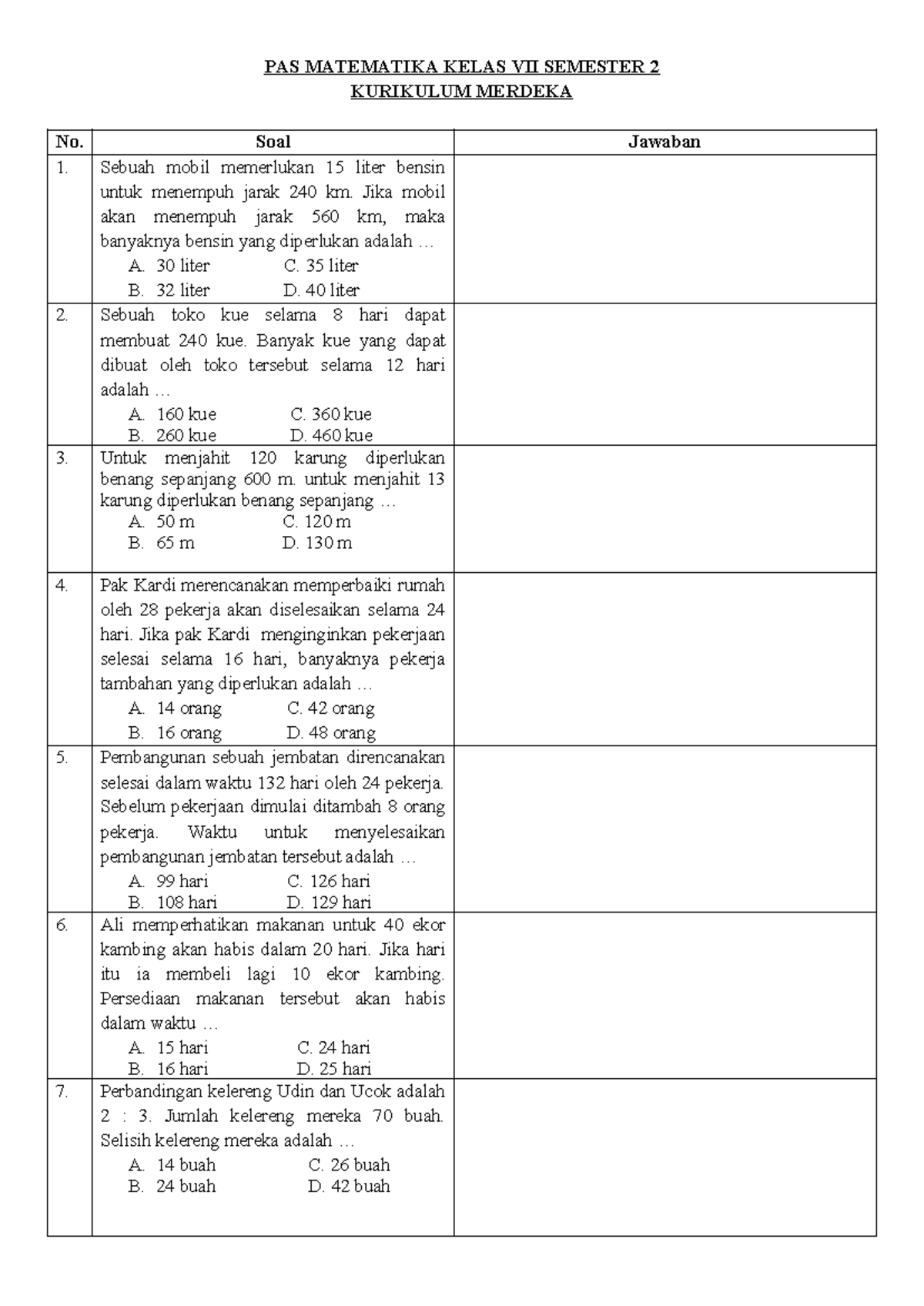 PAS MATEMATIKA KELAS VII SEMESTER 2 KURIKULUM MERDEKA Soal Latihan dan PAS MATEMATIKA KELAS VII SEMESTER 2 KURIKULUM MERDEKA Soal Latihan dan