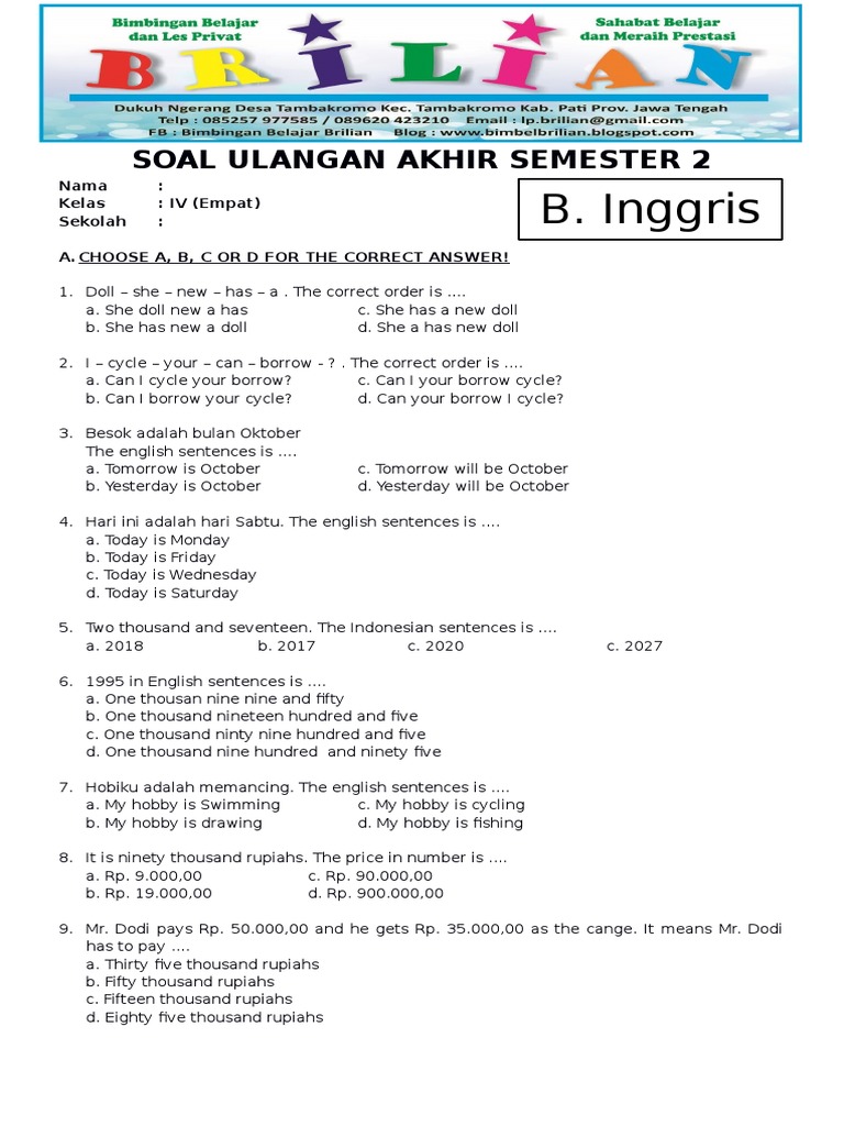 Wajib Tahu 3 Contoh Soal UTS Bahasa Inggris Kelas 4 SD Semester 1 Plus Pancasila