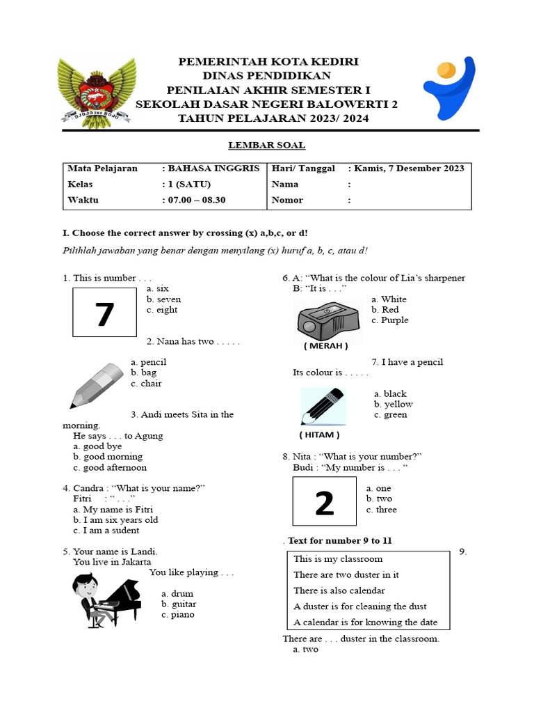 Soal Bahasa Inggris Kelas 1 Semester 1 PDF Soal Bahasa Inggris Kelas 1 Semester 1 PDF