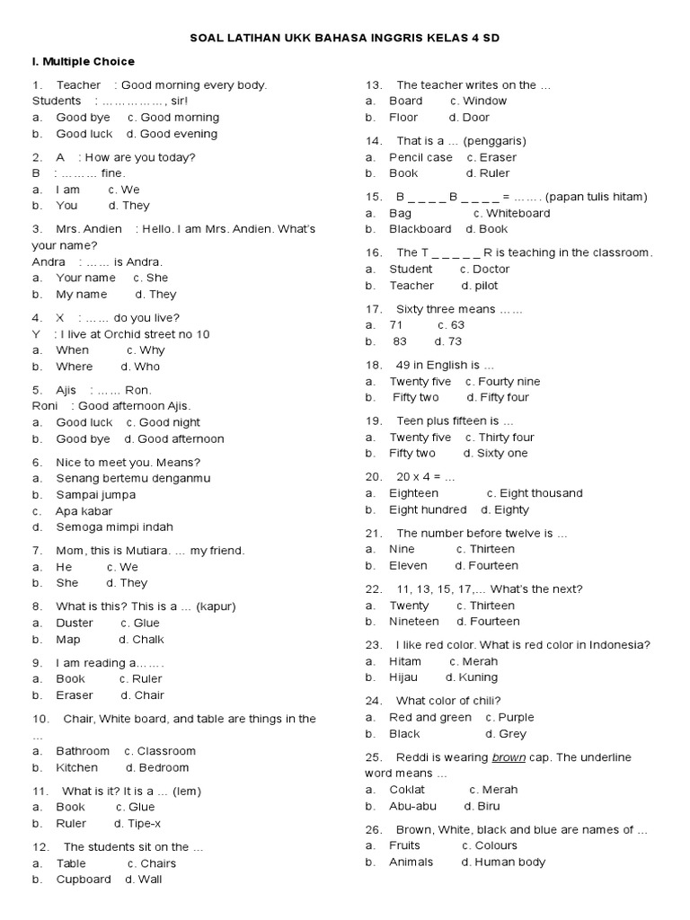 40 Soal UKK Bahasa Inggris Kelas 4 SD 2026 Lengkap Kunci Jawaban, Downlod Sekarang!