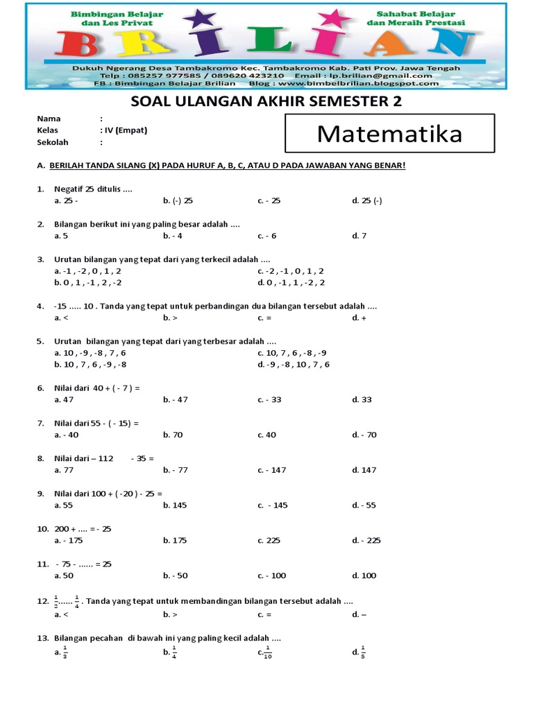 Rahasia Dapatkan Kunci Jawaban Ujian Semester 2 Kelas 4 Matematika 50 Soal Sekarang!