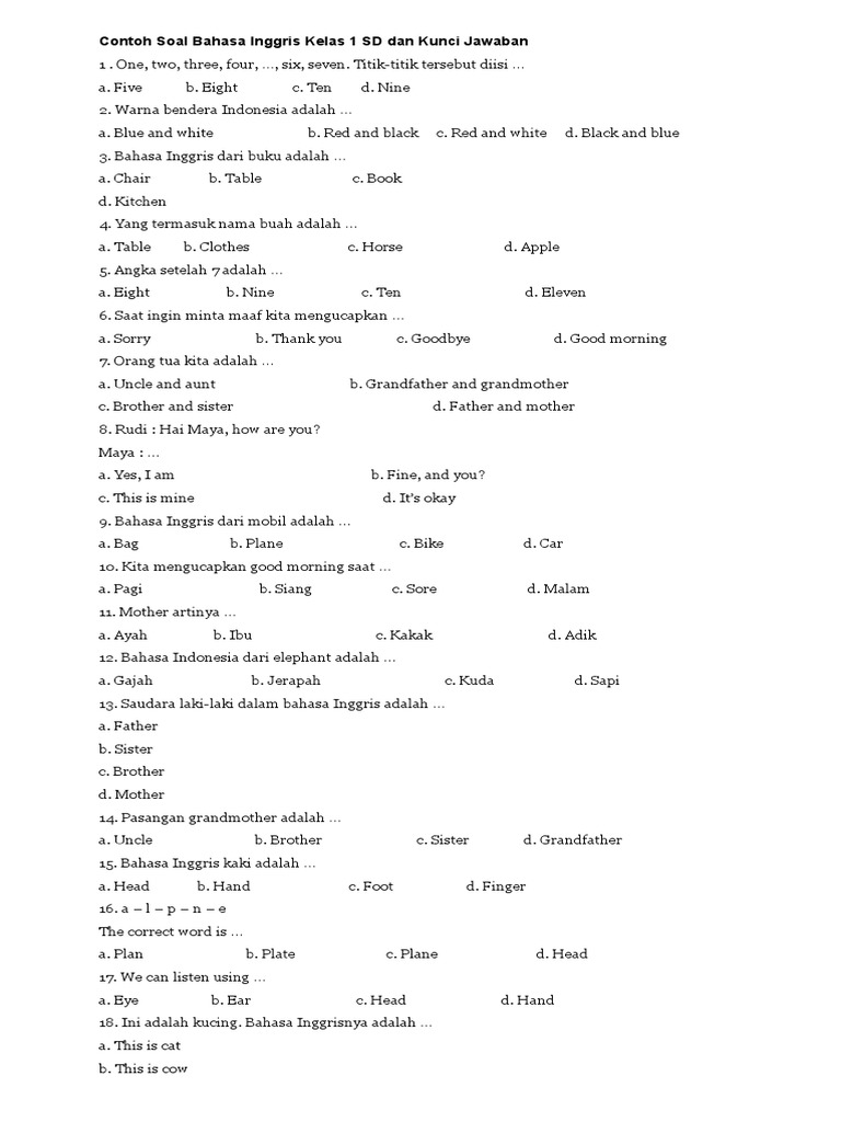 contoh soal bahasa inggris kelas 1 sd pdf