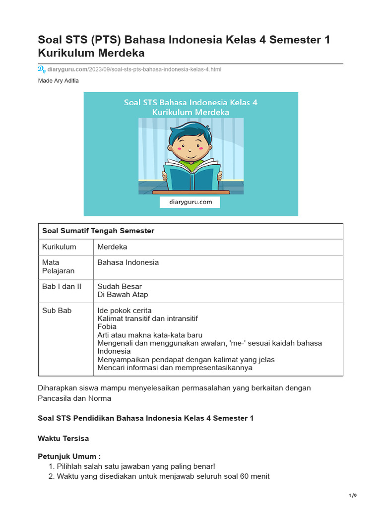 Rahasia Lulus Nilai Sempurna dengan Latihan Soal PTS Bahasa Indonesia Kelas 4 Semester 1