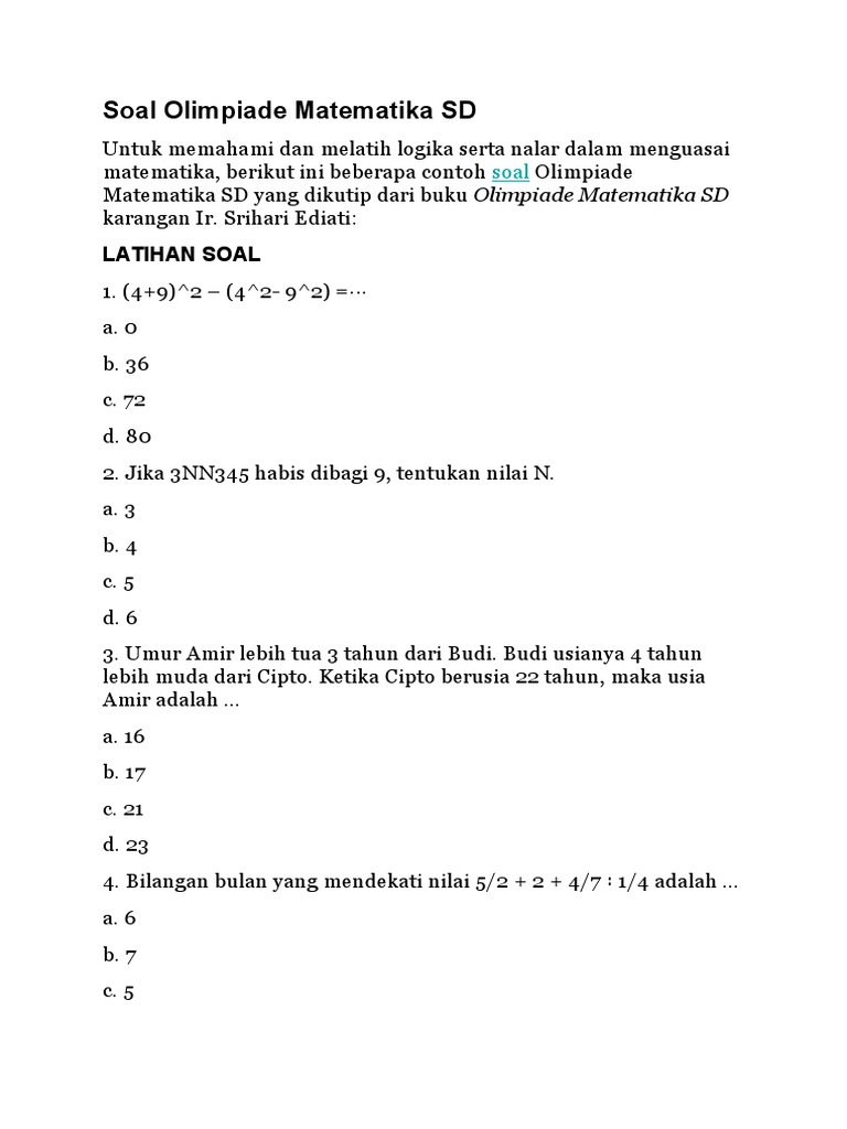 Rahasia Sukses Juara Ternyata Ada di Koleksi Soal Olimpiade Matematika SD Kelas 4 PDF Ini