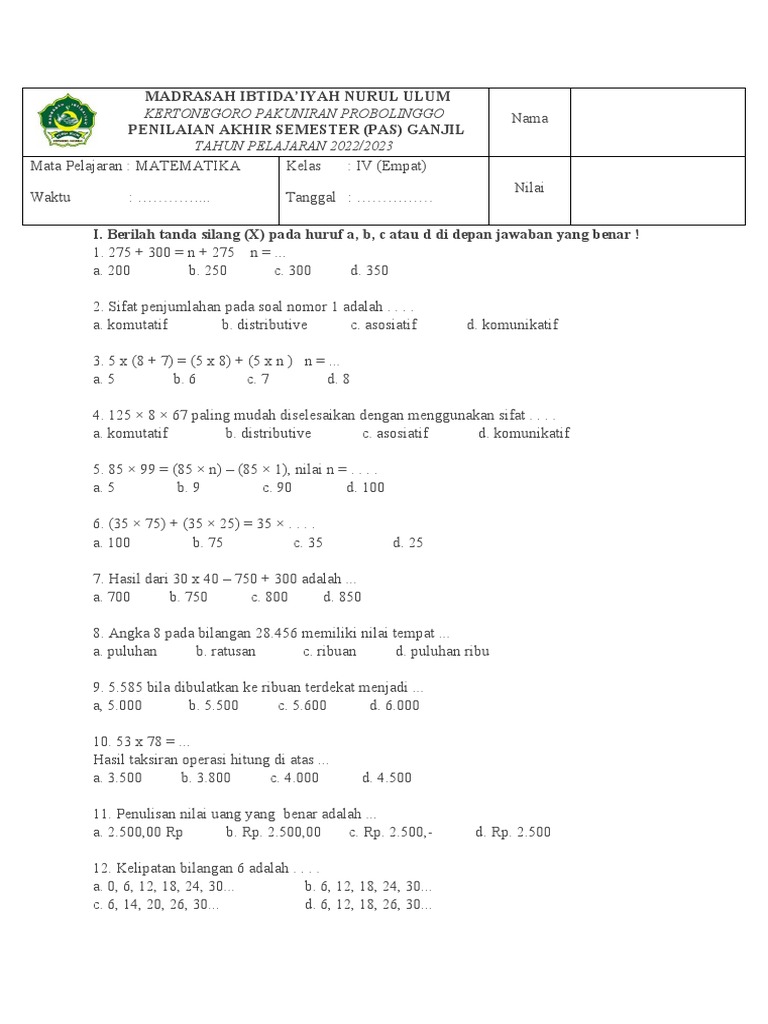 Wajib Tahu! Bocoran Contoh Soal Ujian Matematika Kelas 4 SD Semester 1 Agar Nilai Sempurna