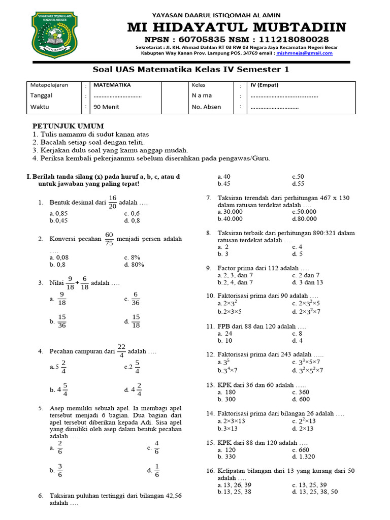Wajib Tahu! Bocoran Soal Matematika Kelas 4 UAS Semester 1 Agar Nilai Langsung Meroket