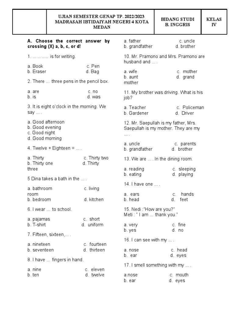 Wajib Tahu Latihan Soal Bahasa Inggris Kelas 4 Semester 2 dan Kunci Jawaban Terbaru